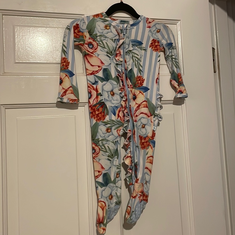 Posh peanut stripe and flower ruffle footie